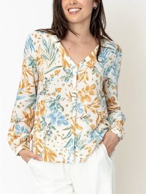 En Creme Floral V-Neck Button-Front Blouse in Cream with Blue & Gold Print